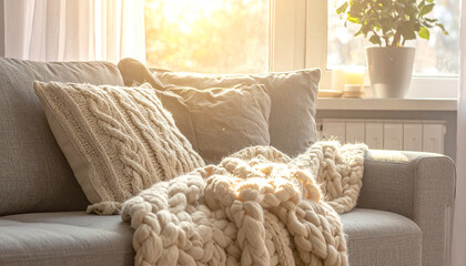 Cozy living room interior with chunky knit blanket on a fabric sofa in warm morning light