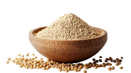 Wooden bowl filled with ground spices on transparent background