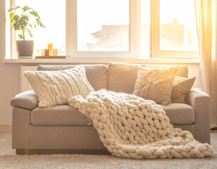 Cozy living room interior with chunky knit blanket on a fabric sofa in warm morning light