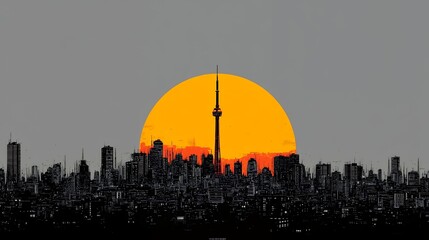 minimalist city skyline with a large sun