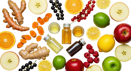Ultra-detailed flat lay of fresh turmeric, ginger, citrus, berries, and vibrant wellness shots on a transparent background with soft shadows, concept of health and vitality