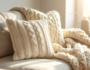 Cozy living room interior with chunky knit blanket on a fabric sofa in warm morning light