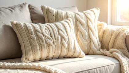Cozy living room interior with chunky knit blanket on a fabric sofa in warm morning light