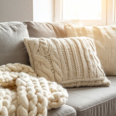 Cozy living room interior with chunky knit blanket on a fabric sofa in warm morning light