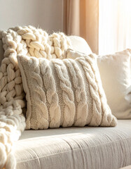 Cozy living room interior with chunky knit blanket on a fabric sofa in warm morning light