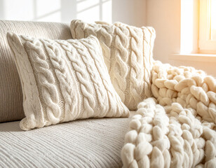 Cozy living room interior with chunky knit blanket on a fabric sofa in warm morning light