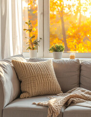 Cozy living room interior with chunky knit blanket on a fabric sofa in warm morning light