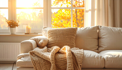 Cozy living room interior with chunky knit blanket on a fabric sofa in warm morning light
