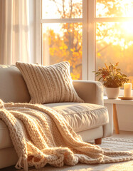 Cozy living room interior with chunky knit blanket on a fabric sofa in warm morning light