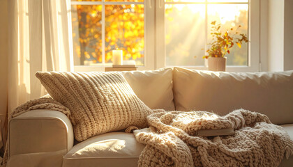 Cozy living room interior with chunky knit blanket on a fabric sofa in warm morning light