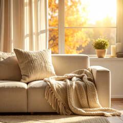 Cozy living room interior with chunky knit blanket on a fabric sofa in warm morning light
