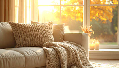 Cozy living room interior with chunky knit blanket on a fabric sofa in warm morning light