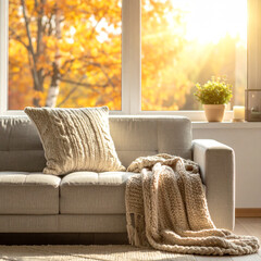 Cozy living room interior with chunky knit blanket on a fabric sofa in warm morning light