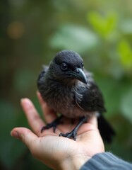 Obraz premium A small crow rests on a person hand. The bird dark feathers are visible. The photo demonstrates care compassion for wildlife. Animal avian concept. The focus is on the bird.