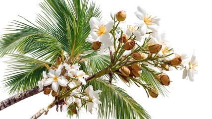 White orchids and pine branches on transparent background