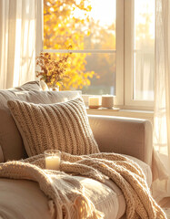 Cozy living room interior with chunky knit blanket on a fabric sofa in warm morning light