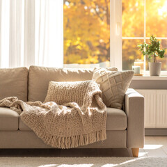 Cozy living room interior with chunky knit blanket on a fabric sofa in warm morning light