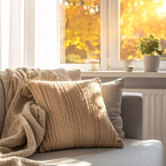 Cozy living room interior with chunky knit blanket on a fabric sofa in warm morning light