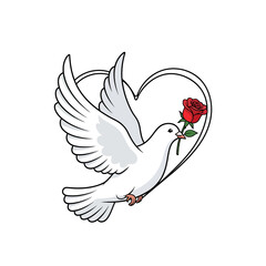 Fototapeta premium White Dove Flying With Red Rose And Heart Frame Vector Illustration