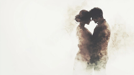 Silhouette Couple in Tender Embrace in Soft Abstract Fog