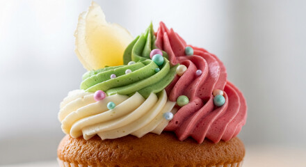 Close-up of a colorful cupcake with swirled frosting, showcasing a sweet treat, representing celebration, indulgence, and a delightful confection