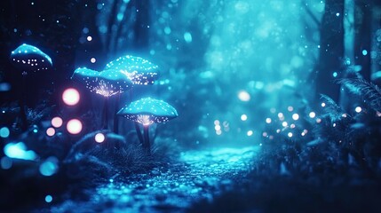 Fototapeta premium Enchanted Bioluminescent Forest Path with Glowing Mushrooms and Ethereal Bokeh Lights