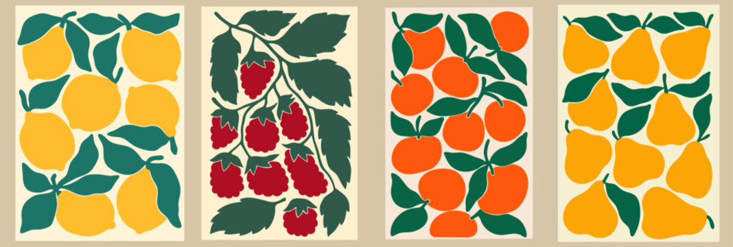 Set of modern fruit posters for interior decor, lemons, raspberries, mandarins and pears arranged in rectangular composition, decorative botanical wall art for home and studio