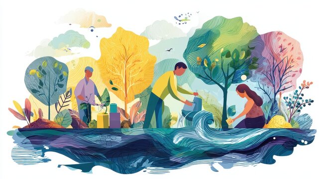 Corporate social responsibility illustration flat design front view sustainability theme water color vivid. 