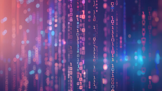 Digital data streams flow in bright colors and patterns during a technology event at night in a city location