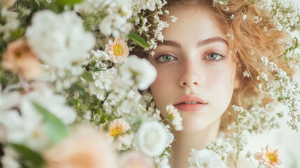 Young Woman with Flowers Surrounding Her Face in Soft Floral Arrangement