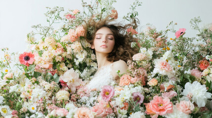 Young Woman Lying Among Abundant Flowers in Soft Bloom Garden