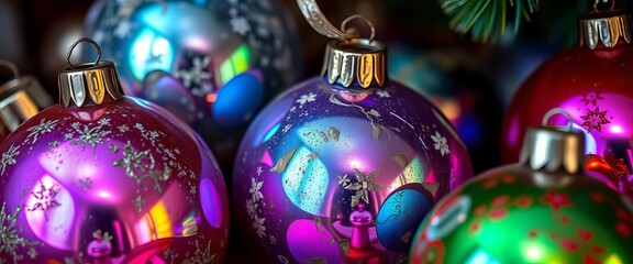 Close-up of vintage glass Christmas ornaments, showcasing iridescent textures and faded paint, celebration, sparkle