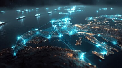 Digital map overlay on ocean showing shipping routes and container ships, futuristic style, network, global commerce.