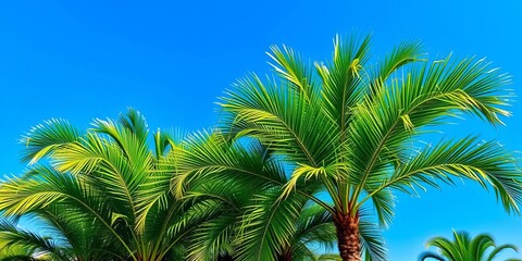 Lush green palm trees against a vibrant blue sky, vacation background, paradise landscape