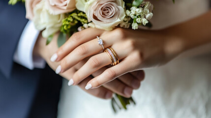 Bride and Groom Hands with Ring and Bouquet in Close Up