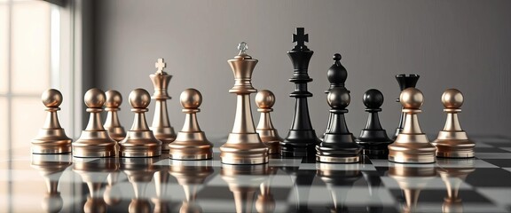 Sleek, minimalist chess pieces in metallic silver and black on a reflective surface,  chessboard,  object