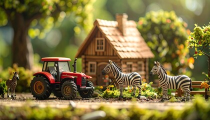 “Miniature farm scene with house, zebra, donkey, horse, red tractor, orange truck, and greenery”