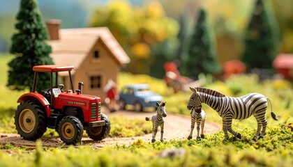 “Miniature farm scene with house, zebra, donkey, horse, red tractor, orange truck, and greenery”