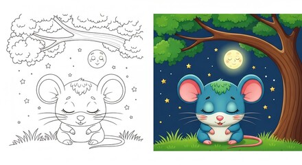 Fototapeta premium Sleepy mouse under starry night sky with tree