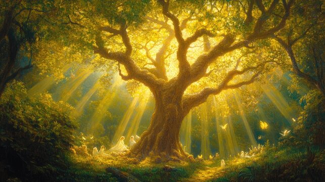 Enchanted Forest Gathering: Ethereal Beings Bathed in Golden Sunbeams Beneath Ancient Oak