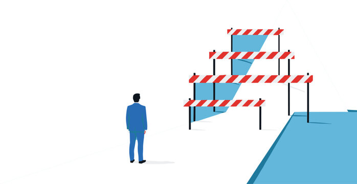 Business Challenge and Obstacle Concept with Man Facing Multiple Barriers and Blocked Path Flat Vector Illustration for Risk, Strategy, and Problem Solving Themes