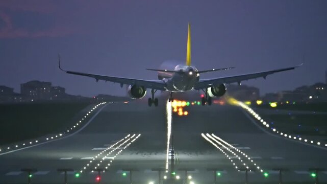 Commercial Twin-Engine Passenger Aircraft Landing in Strong Crosswinds at Night