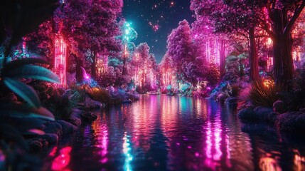 Fototapeta premium Enchanted Forest Lake: Neon Lights Reflecting in Tranquil Waters at Night
