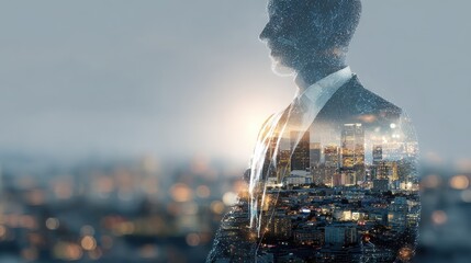Double exposure of business theme hologram drawing and city veiw background. Concept of success