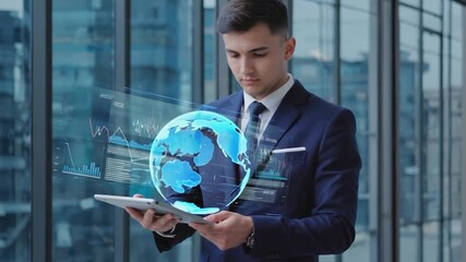 Confident young businessman analyzing global market data on tablet in modern office, visualizing growth and success in international business - Powered by Adobe