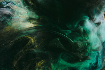 Abstract green background. Moving smoke flow, fluid liquid art.