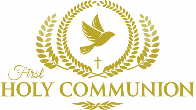 Elegant gold First Holy Communion logo with dove and cross