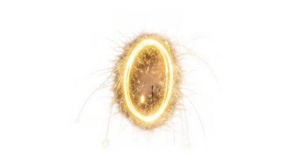 Bright yellow sparkler light trails forming an oval shape with white starburst elements isolated on a transparent background