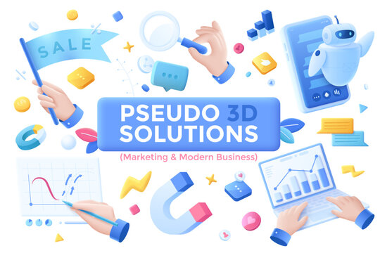Businesspeople hands working and digital commerce tools isolated on white. Marketing and modern business Pseudo 3d solutions set. Corporate strategy development illustrations of web design