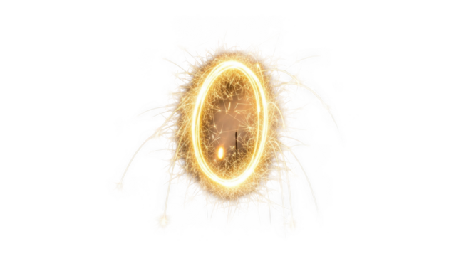 Bright yellow sparkler light trails forming an oval shape with white starburst elements isolated on a transparent background - Powered by Adobe